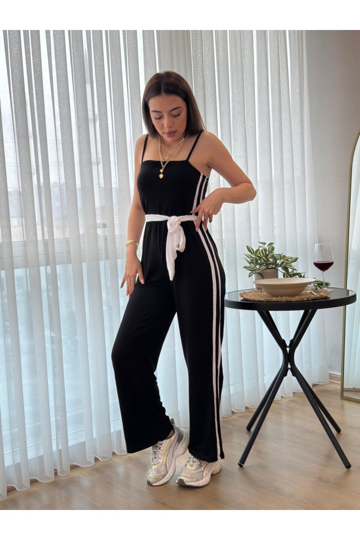 velmorafashion Kadın Ip Askılı Straplez Belden Kuşaklı Viskon Iki Iplik Tulum