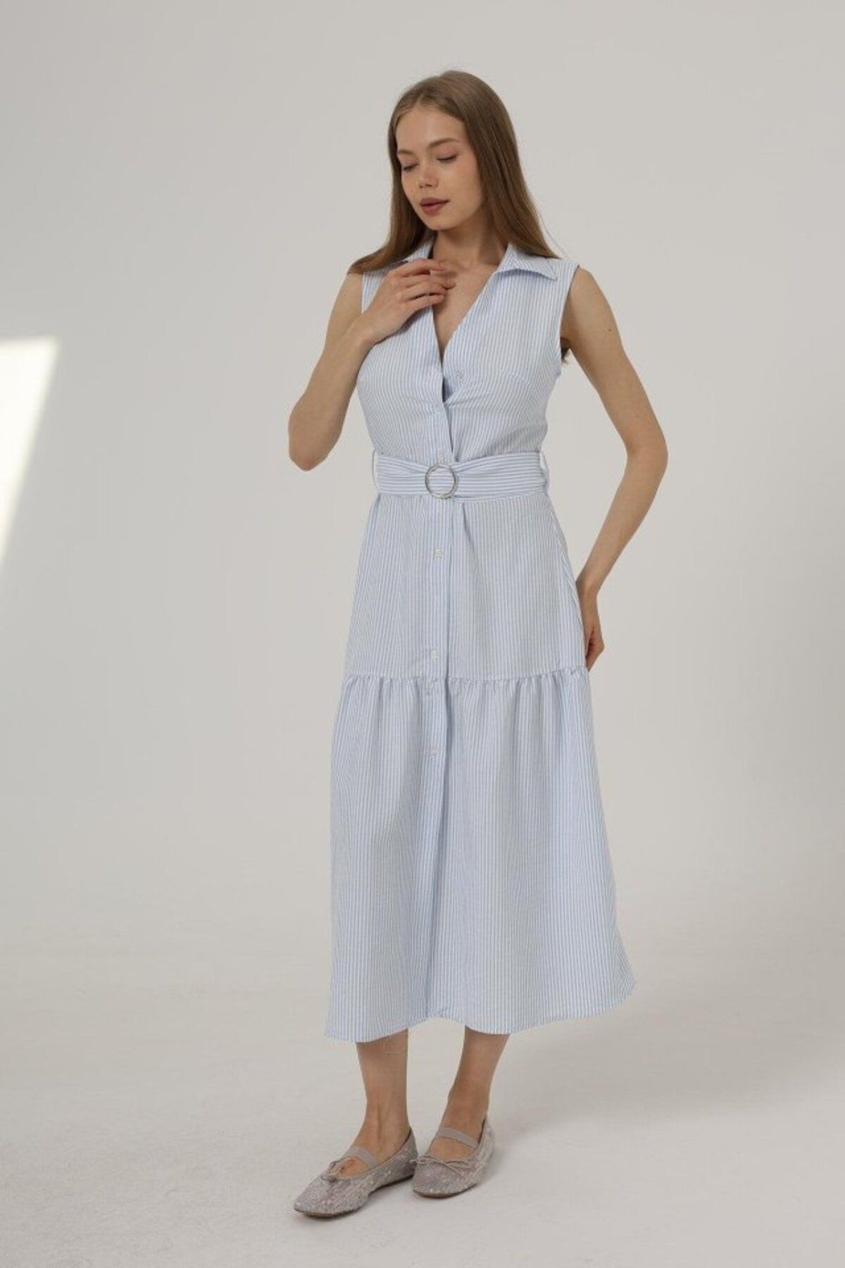 velmorafashion Kemerli Çizgili Elbise - Mavi