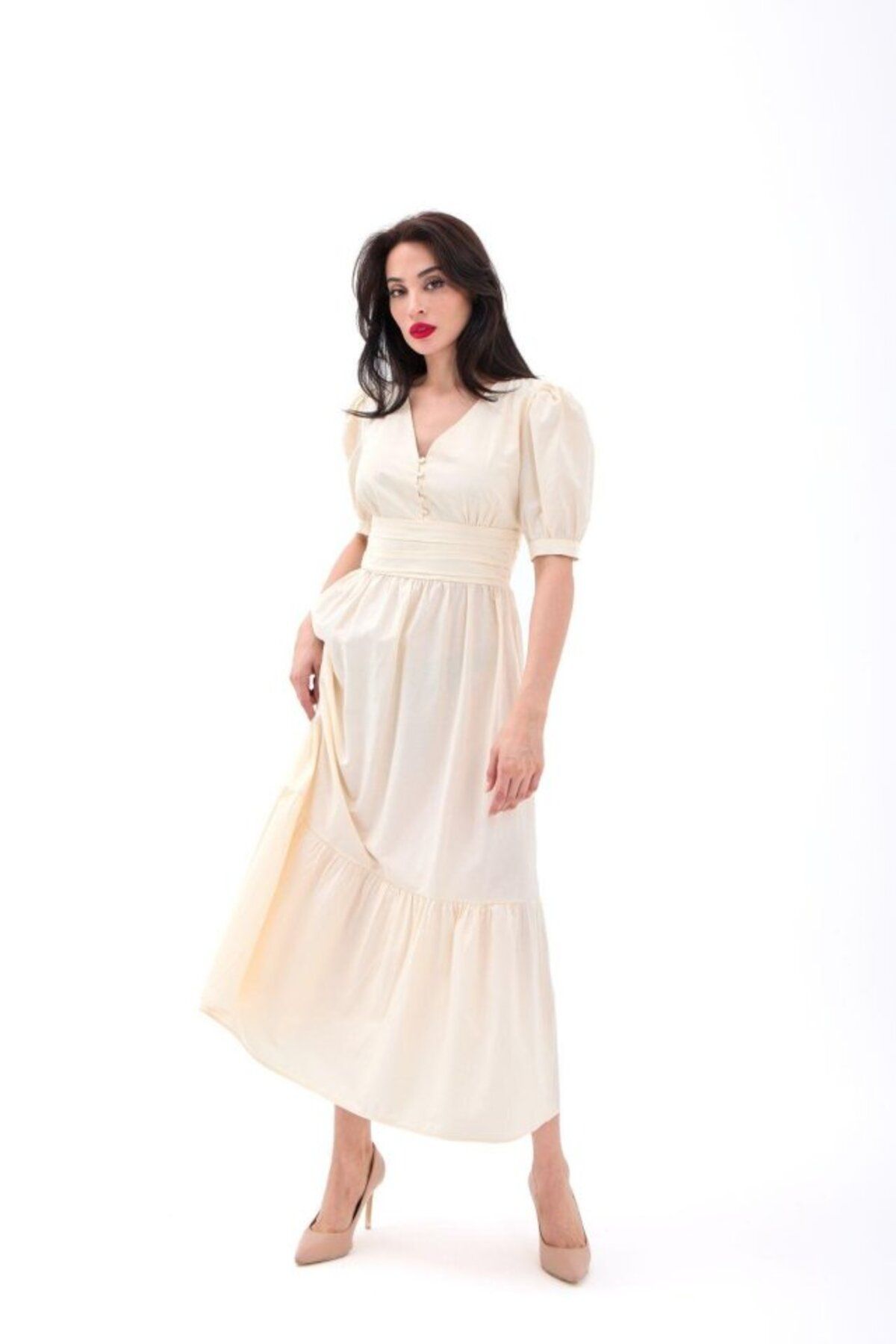 velmorafashion 6411 ELBİSE-KREM