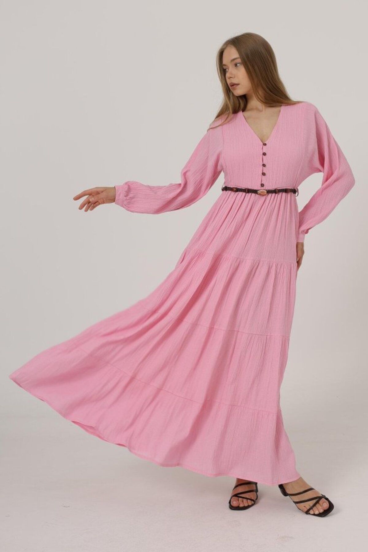 velmorafashion Önü Yarım Düğmeli Uzun Kol Kemerli Elbise - Pembe