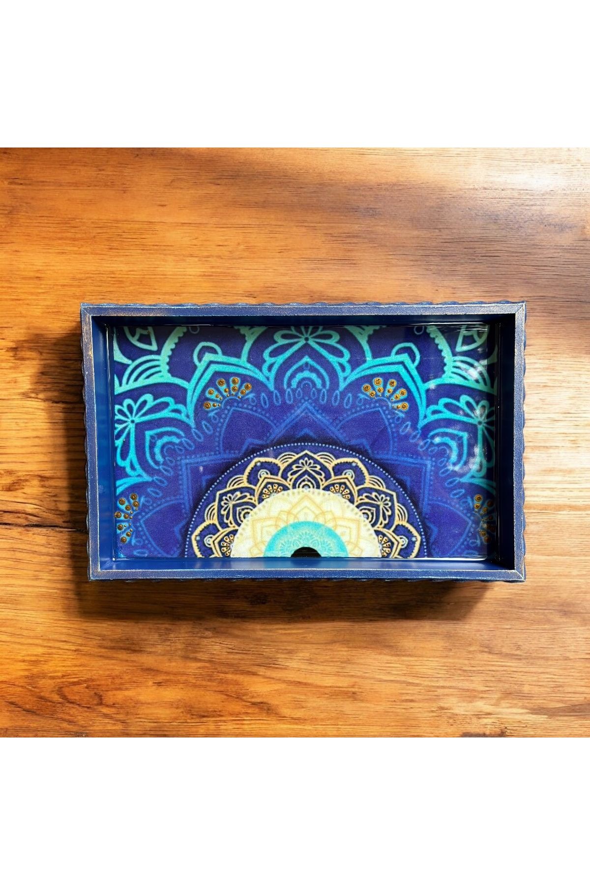 Atölye Kiraz Mandala Desenli Ahşap Tepsi | Mavi Tonlarda El Yapımı Dekoratif Sunum Tepsisi 20x30 cm
