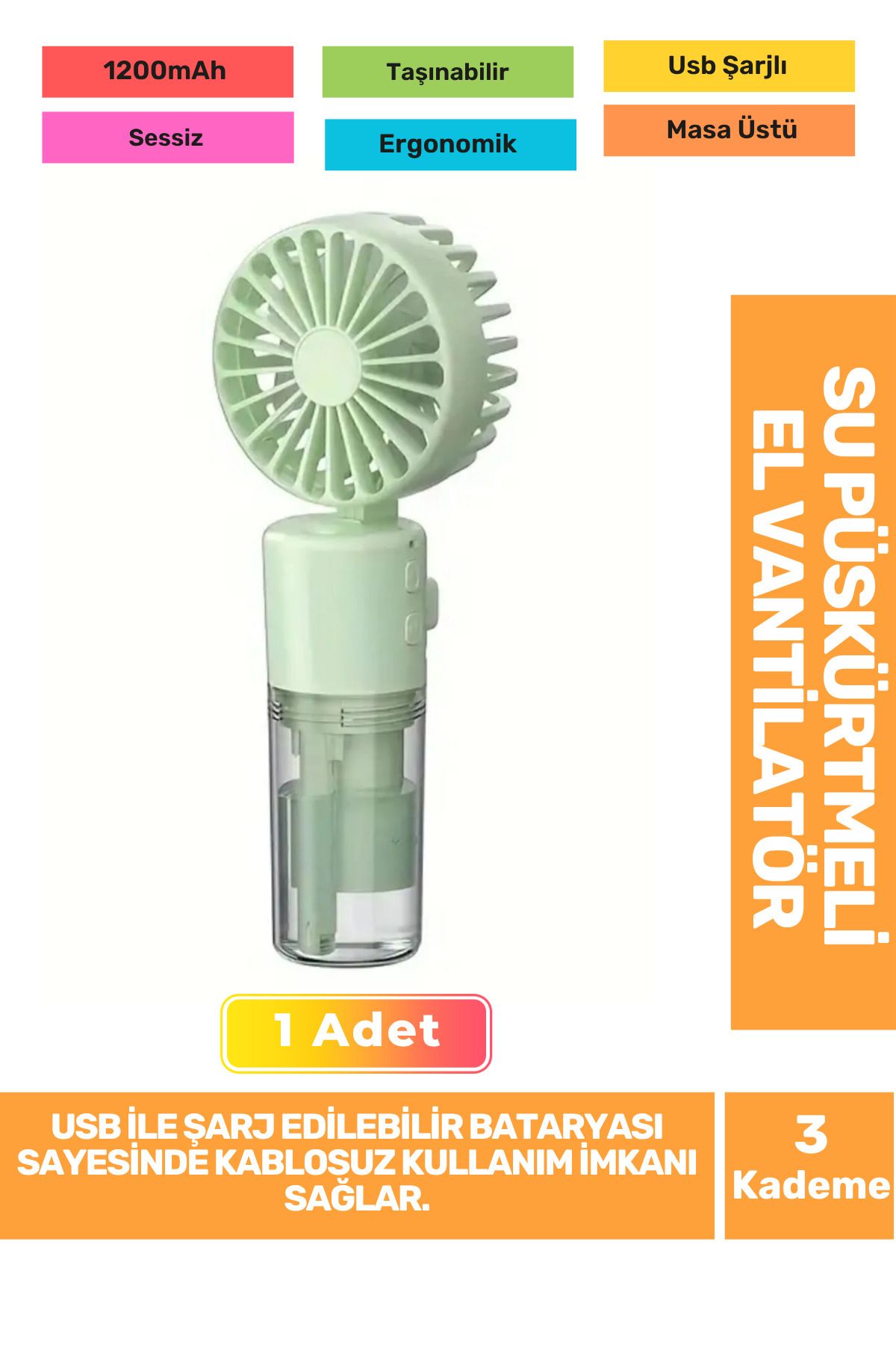 Fantazer Su Püskürtmeli Ultra Sessiz 3 Kademeli Hafif Kablosuz Taşınabilir Usb Şarjlı Masa El Fanı Vantilatör