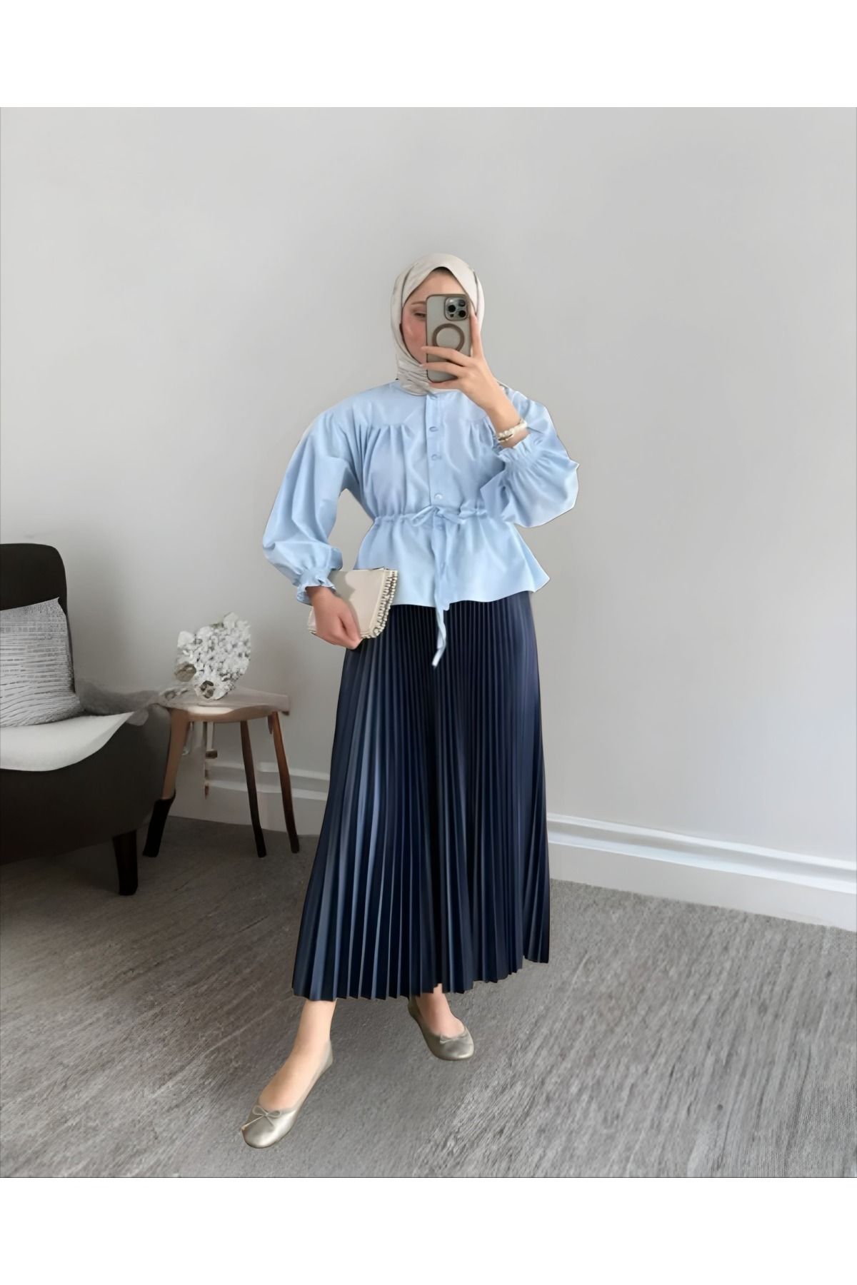 MODA Belden Büzgülü Gömlek Piliseli Etek Takım