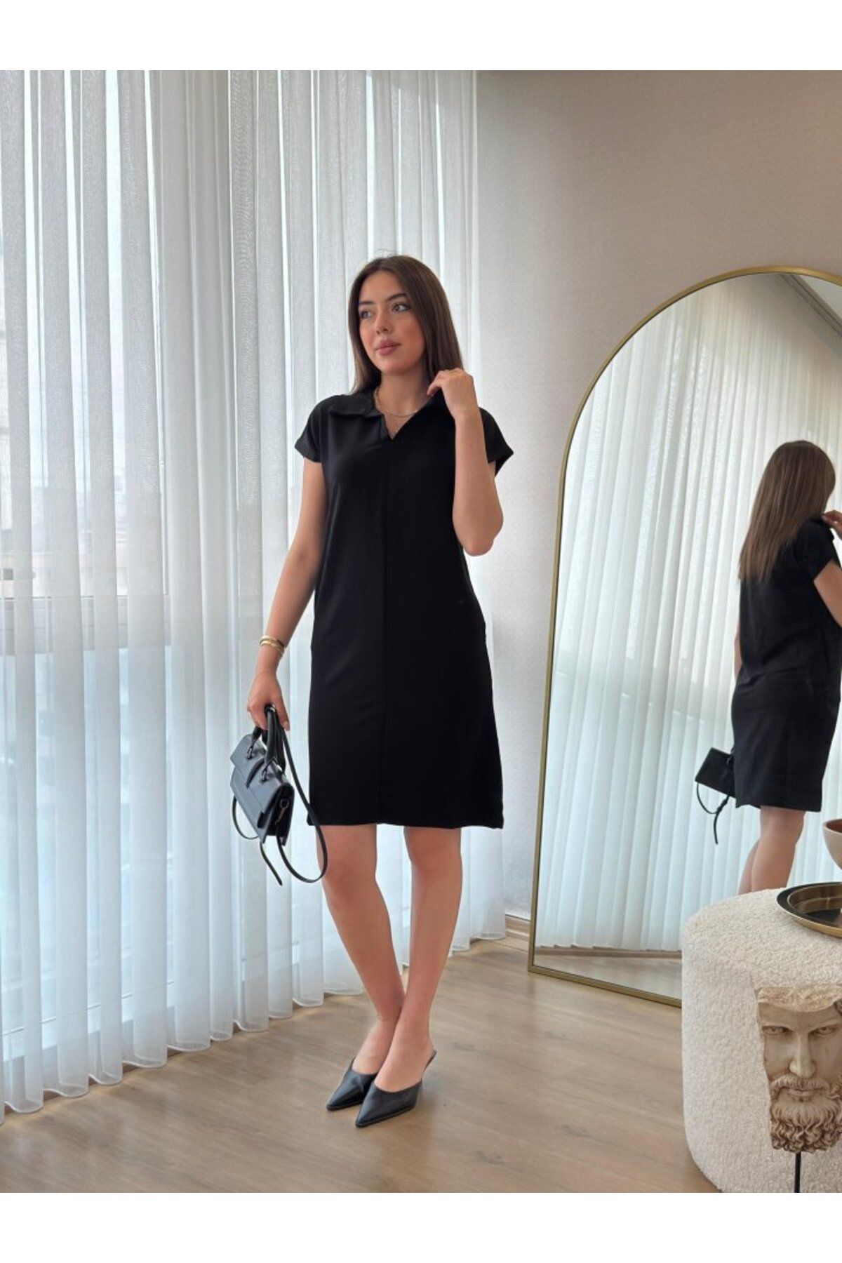 velmorafashion Kadın Kısa Kollu Yakalı Viskon Iki Iplik Elbise