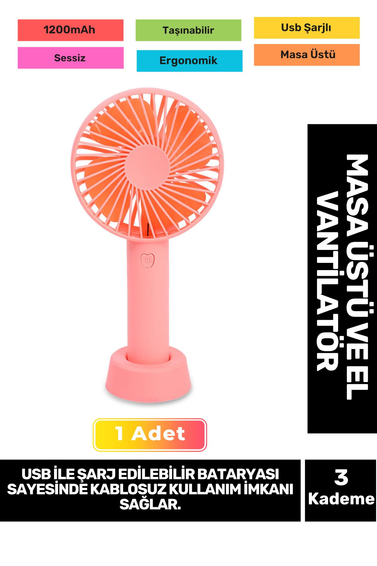 Fantazer 3 Kademeli Ultra Sessiz Hafif Kablosuz 1200mAh Pervaneli Taşınabilir Usb Şarj Masa El Fan Vantilatör