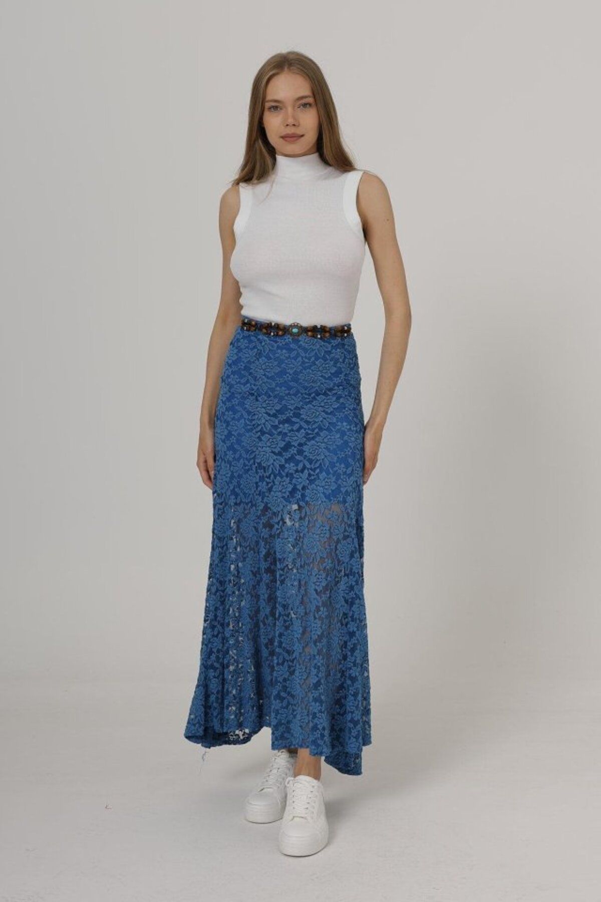 velmorafashion Bel Lastikli Dantel Etek - Mavi