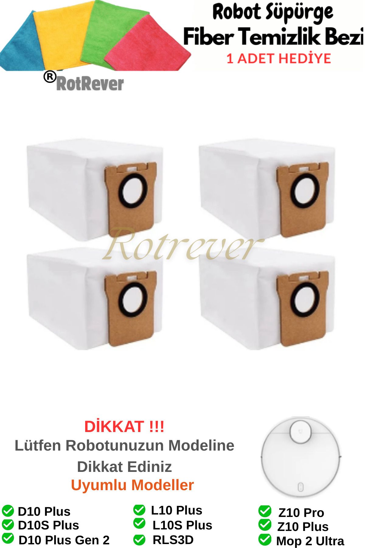 RotRever Dreame Bot D10+ Plus / D10S+ Plus Uyumlu Toz Torbası Yedek Parça Seti-4 Adet