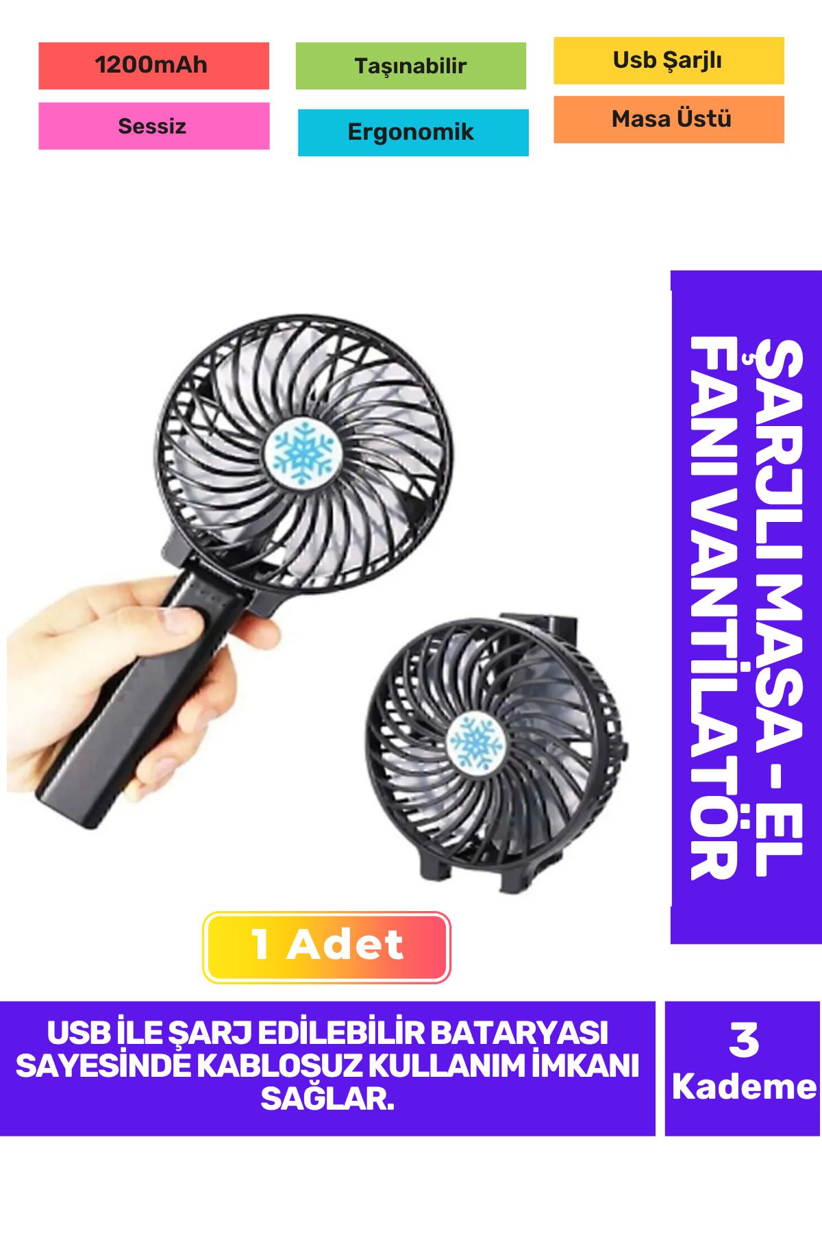 Fantazer Ultra Sessiz 3 Kademeli Hafif Kablosuz 1200mAh Pervaneli Taşınabilir Usb ŞarjlMasa El Fan Vantilatör