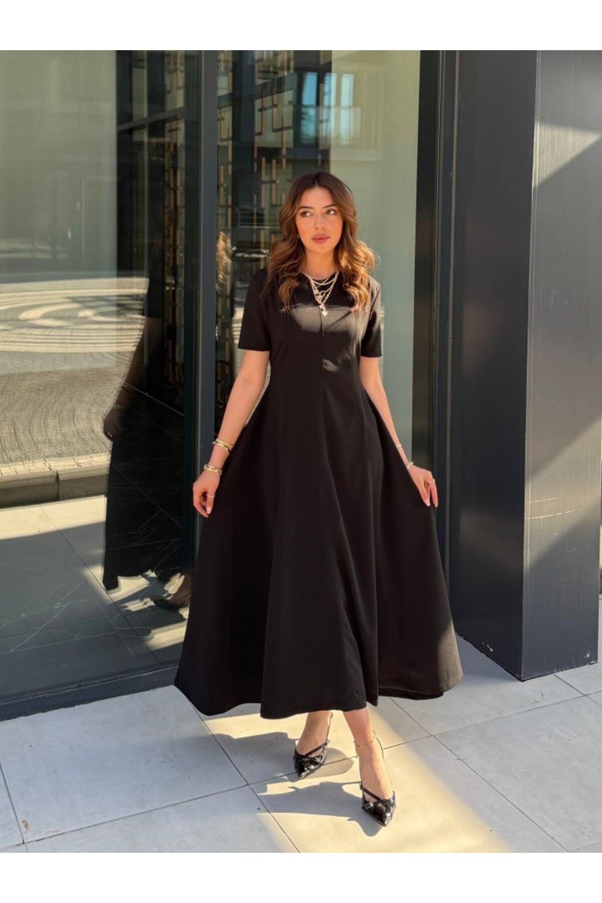 velmorafashion Kadın Kısa Kollu Bisiklet Yaka Maksi Boy Ithal Krep Elbise