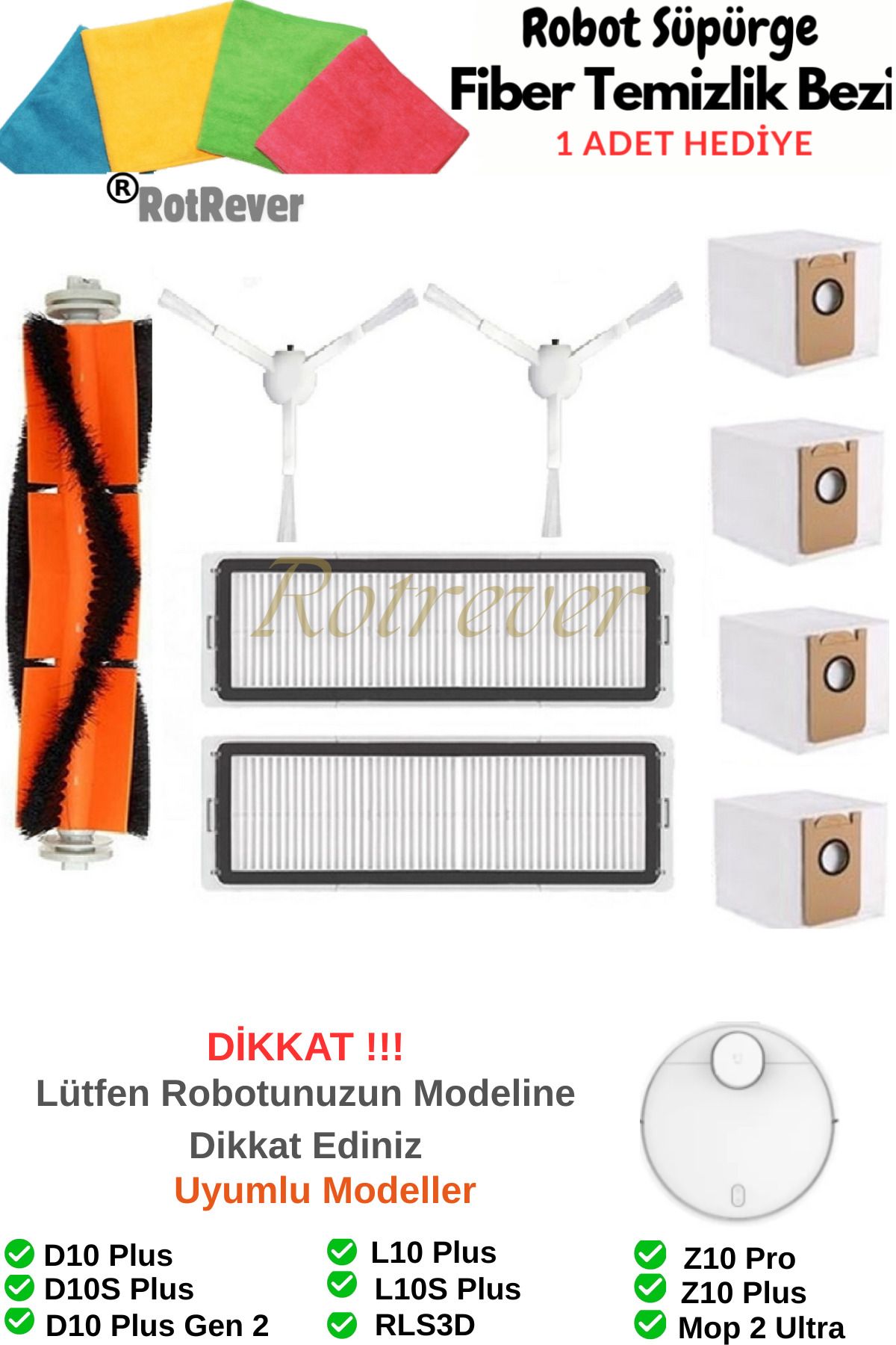 RotRever Dreame Bot D10+ Plus / D10S+ Plus Uyumlu Hepa Filtre,Fırça,Toz Torbası Yedek Parça Seti-9 Parça