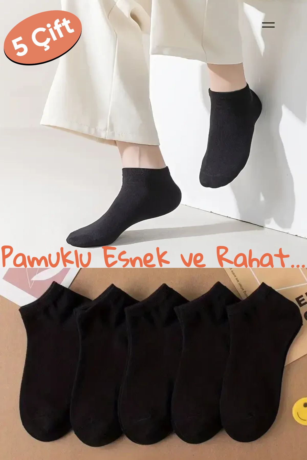 Esinti 5 Çift Ekonomik Paket Beyaz Siyah Kadın Erkek Unisex Spor Patik Çorap