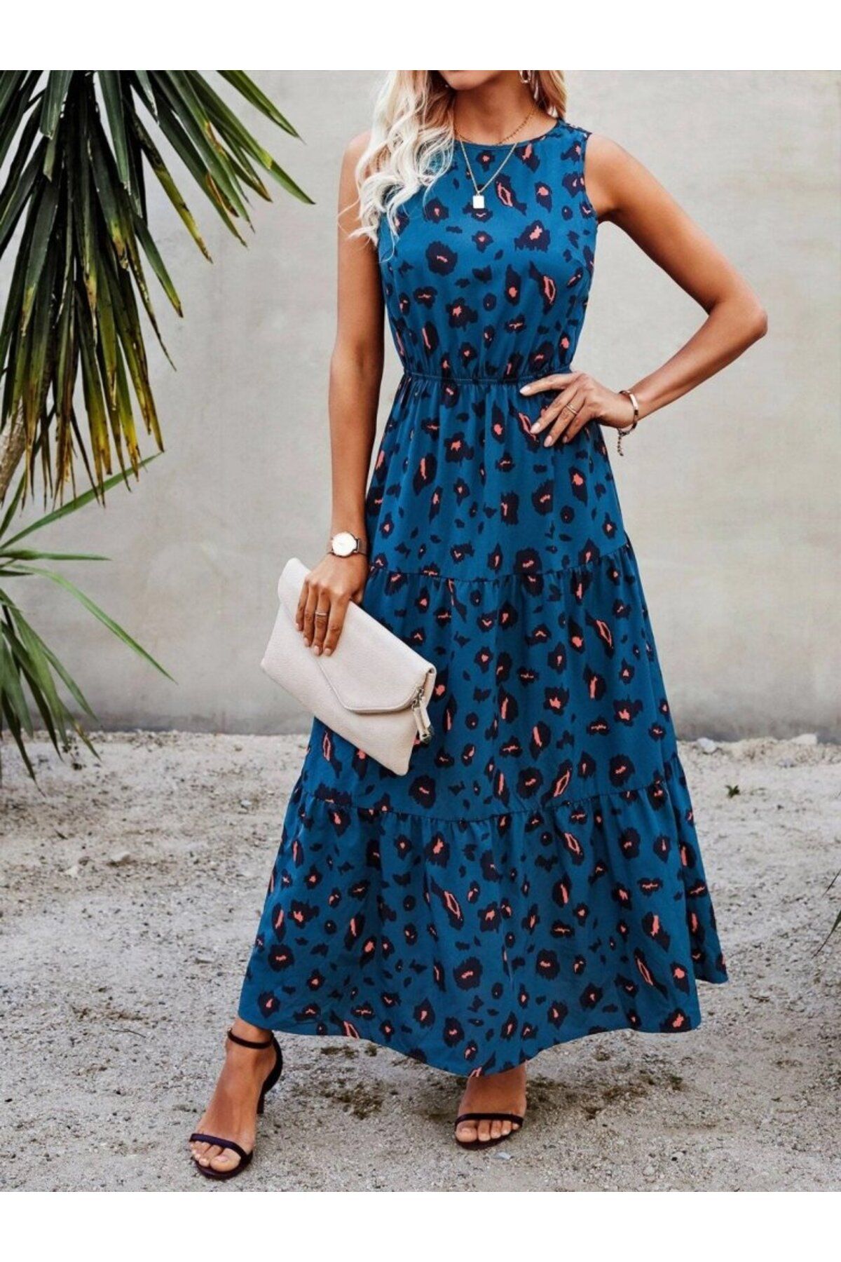 velmorafashion Kadın Kolsuz Bisiklet Yaka Beli Lastikli Desenli Süprem Elbise