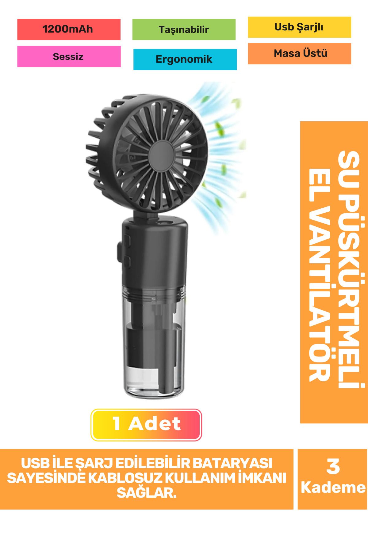 Fantazer Su Püskürtmeli Ultra Sessiz 3 Kademeli Hafif Kablosuz Taşınabilir Usb Şarjlı Masa El Fanı Vantilatör