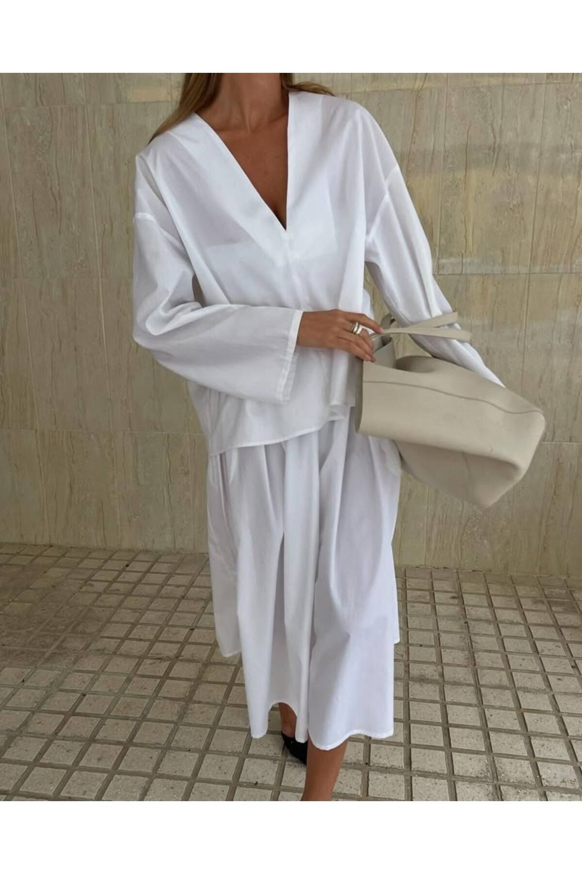 Buket Veli Atelier Beyaz Poplin Bluz Etek Takım