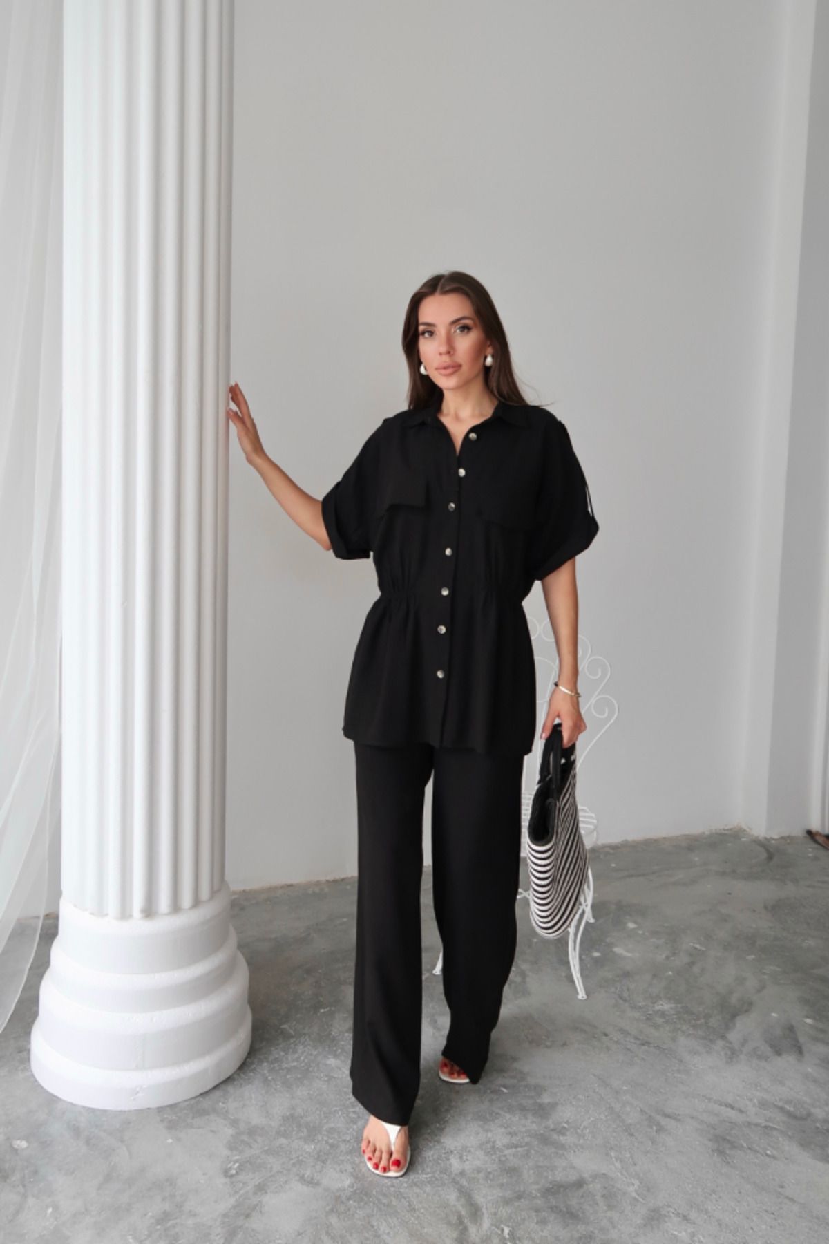 velmorafashion KETEN BELDEN BÜZGÜ DETAYLI GÖMLEK - PANTOLON TAKIM - Siyah