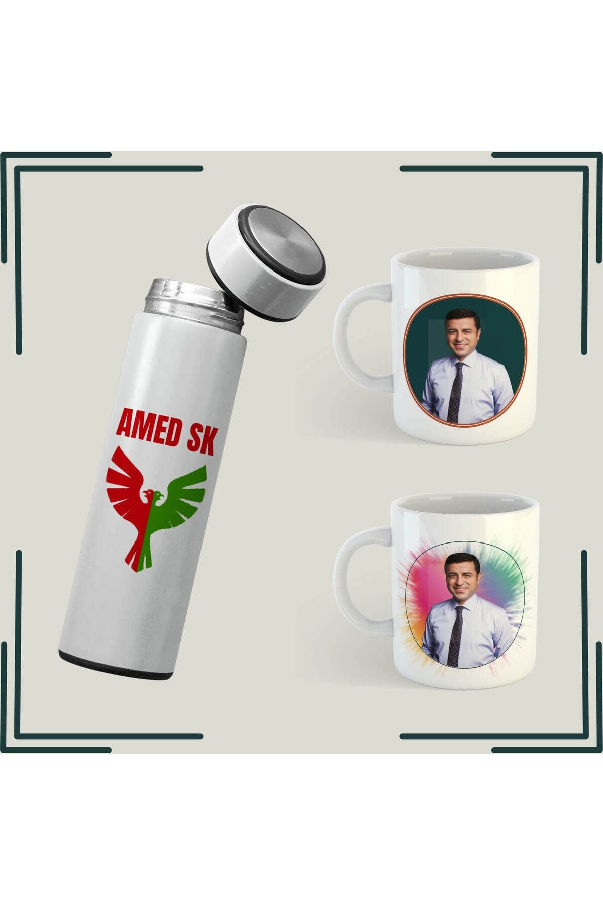 ZERYA Selahattin Demirtaş Resimli Kupa Bardak - Amedspor Tasarımlı Termos Seti (2 KUPA 1 TERMOS)