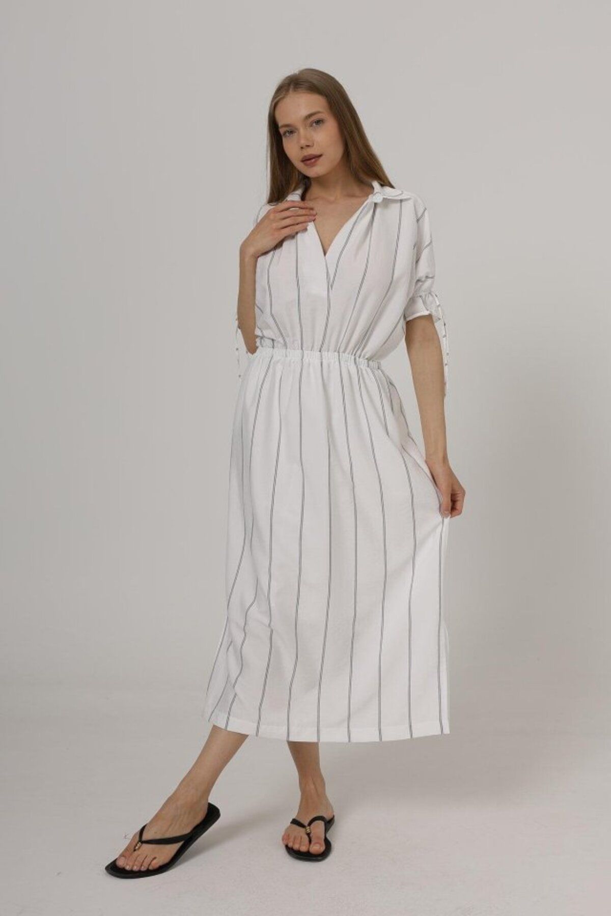 velmorafashion Beli Lastikli Elbise - Beyaz