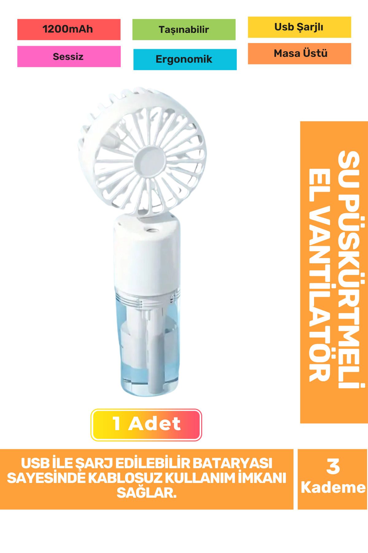 Fantazer Su Püskürtmeli Ultra Sessiz 3 Kademeli Hafif Kablosuz Taşınabilir Usb Şarjlı Masa El Fanı Vantilatör