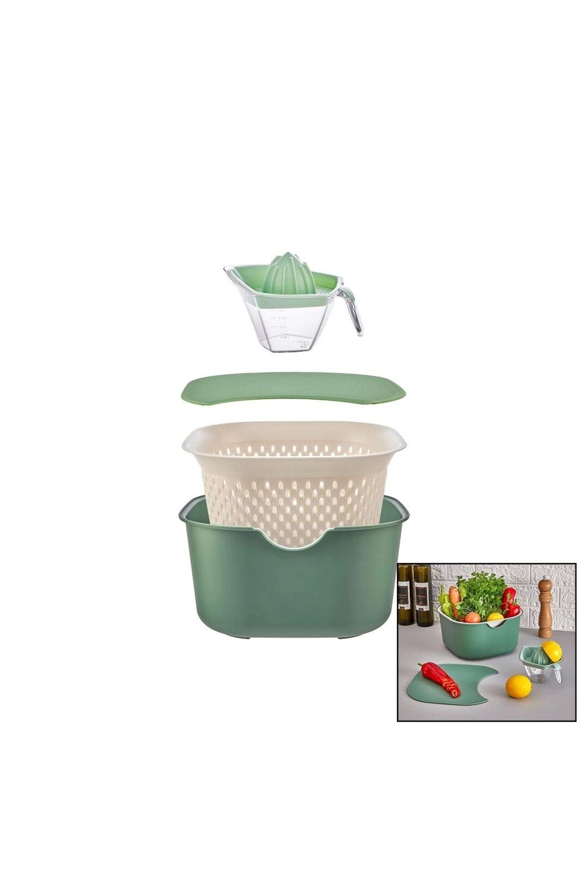 FTT SHOPPING MARKET Yeşil 5pcs Mutfak Seti Pls.karıştırma Kap=4lt - Süzgeç=3.5lt - Kesim Pano - Sıkacak=0.25lt