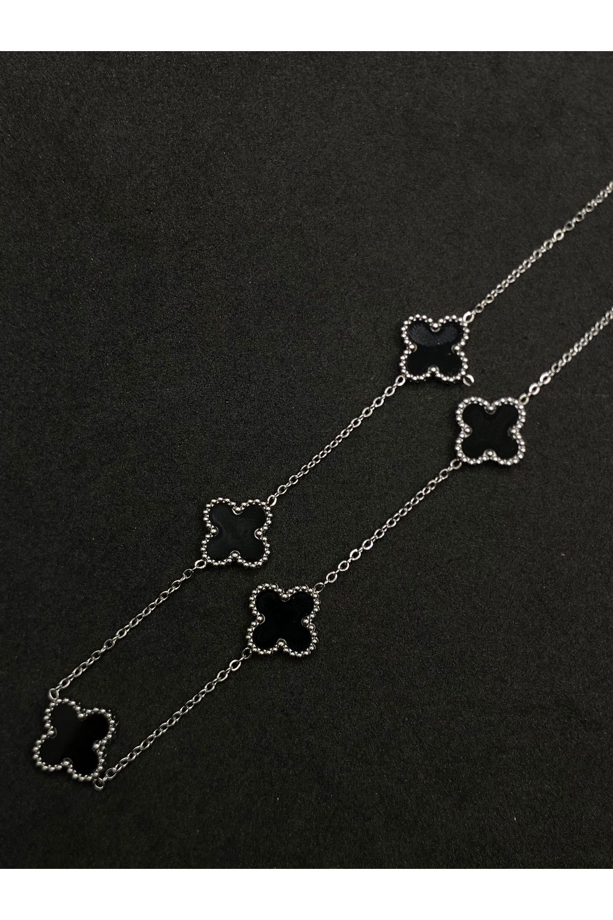 Jiji Jewelery Van Cleef Siyah Çoklu Yonca Model Çift Taraflı Mineli Gümüş Renk Paslanmaz Çelik Kolye