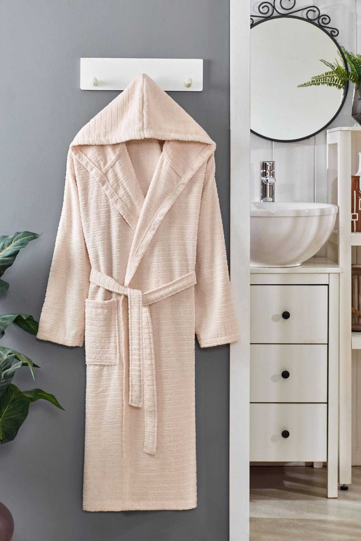 merland benvecocuk Kapüşonlu Unisex Banyo Bornozu %100 Soft Pamuklu Krem