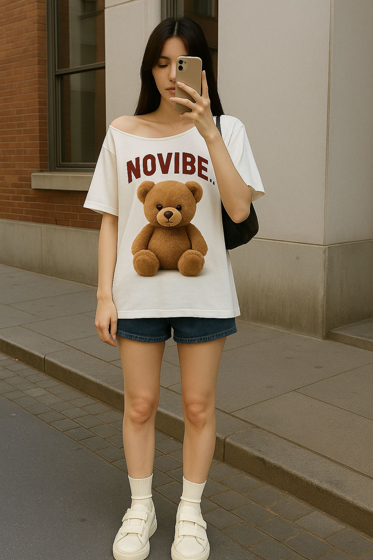 NoVibe KadıncBeyaz Kayık Yaka Baskılı Kısa Kol %100 Pamuk T-shirt