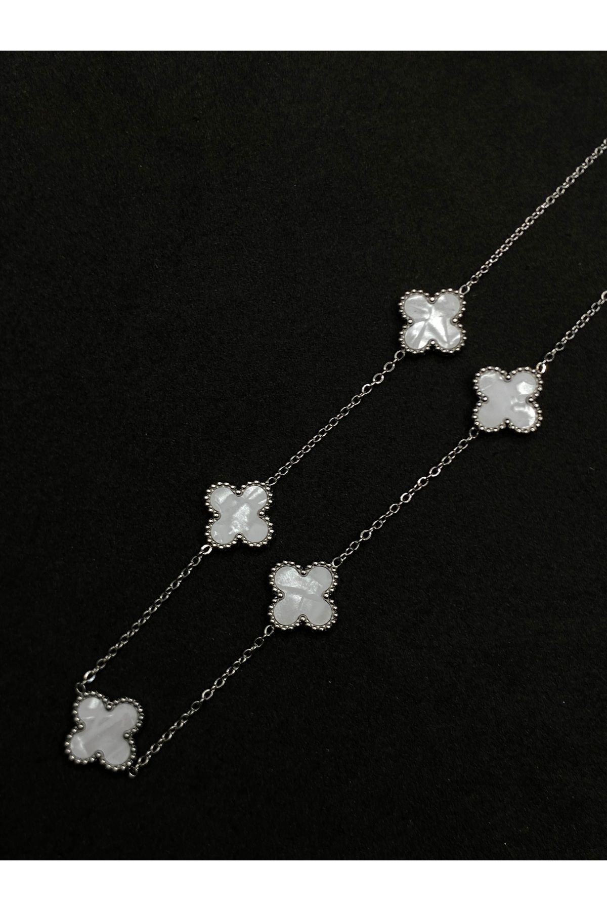 Jiji Jewelery Van Cleef Çoklu Yonca Model Çift Taraflı Mineli Gümüş Renk Paslanmaz Çelik Kolye