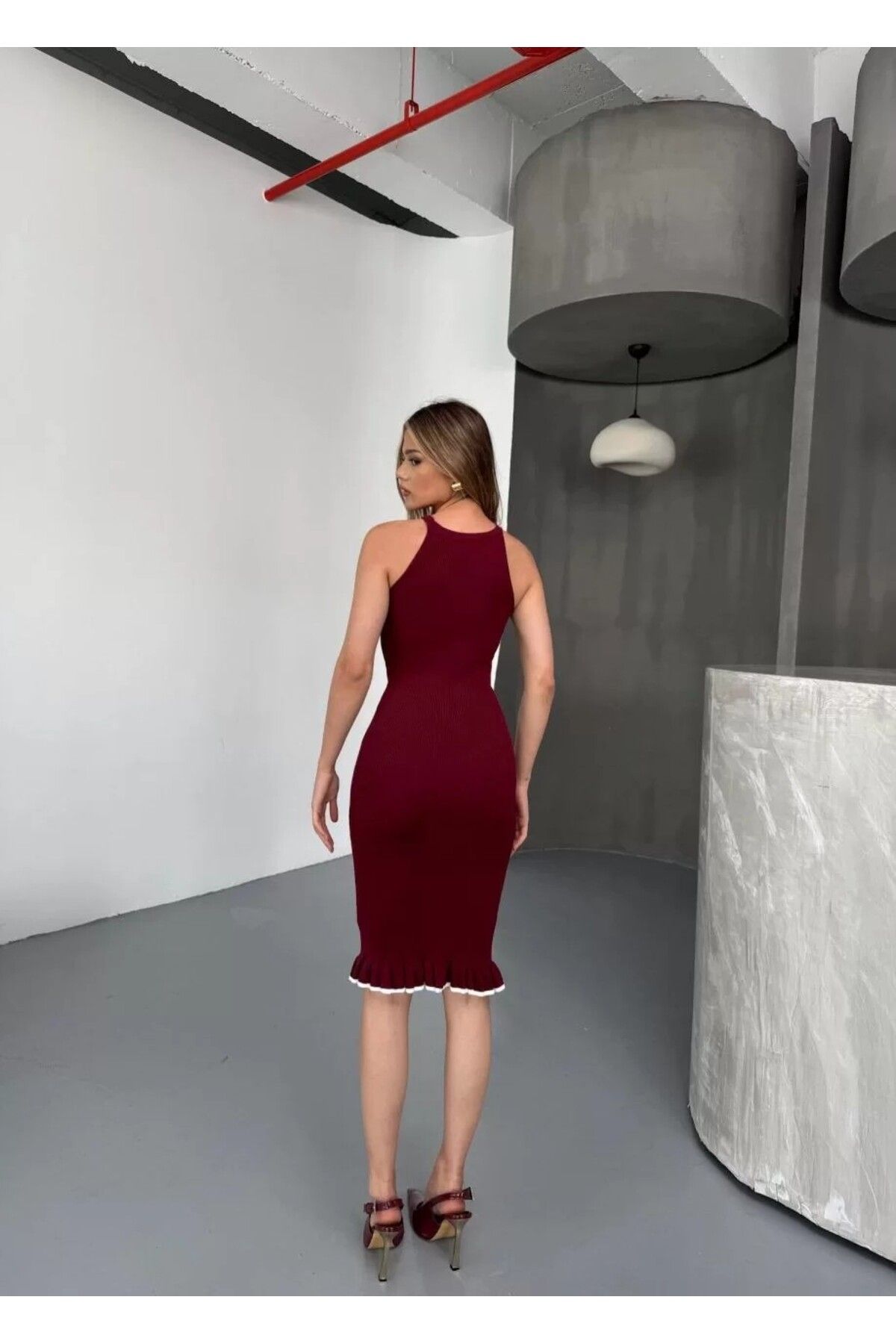 AMO Fırfır Detaylı Triko Elbise- Bordo