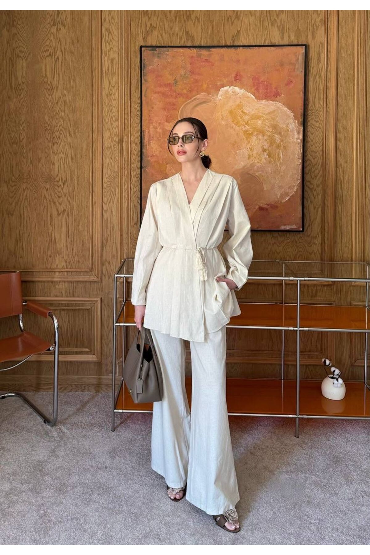 Nuesscollection Pileli Keten Tesettür Kimono Takım