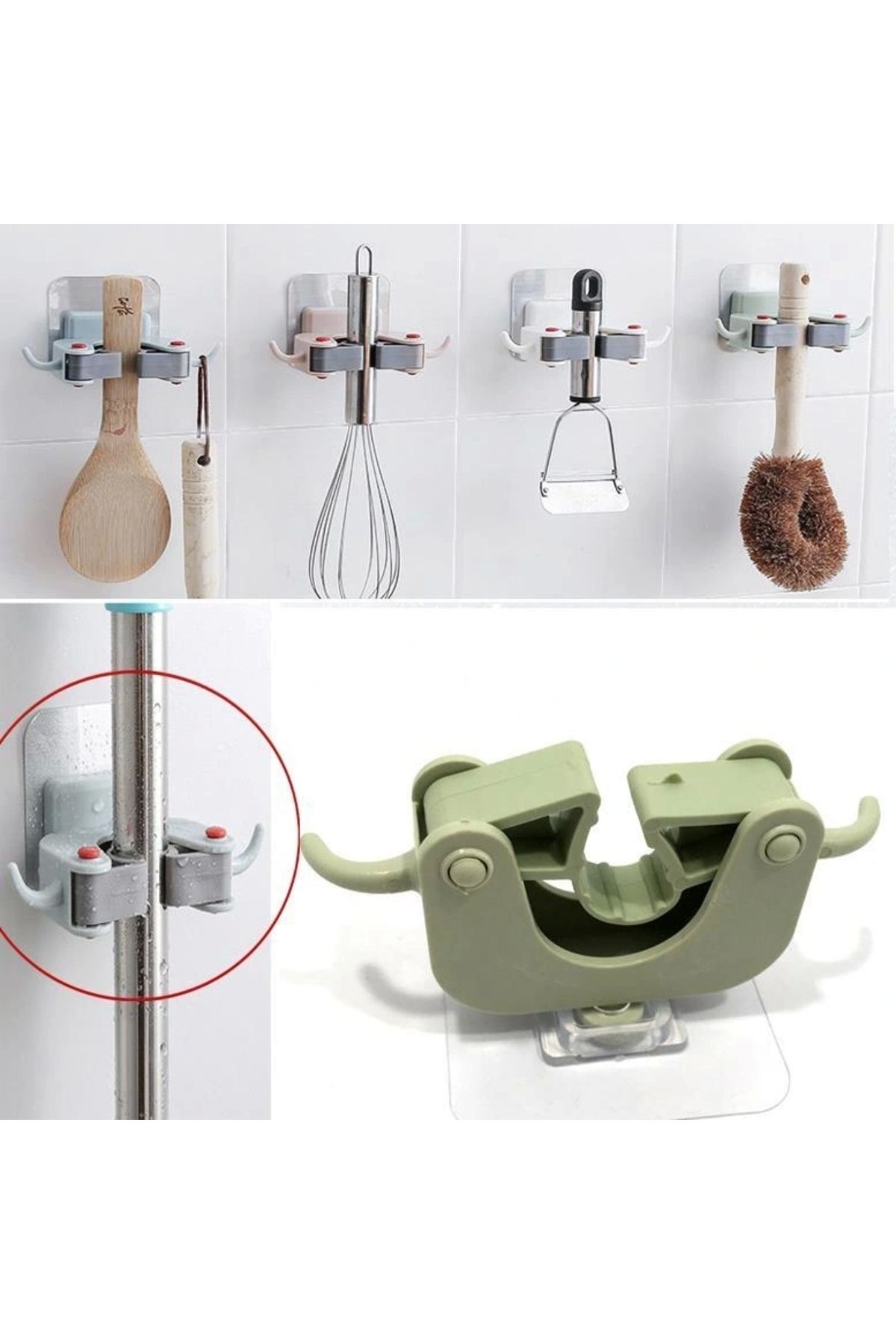 OurStyles 3 Adet Askılı Yapışkanlı Sap Tutucu Banyo Düzenleyici Askı Mop Paspas Fırça Sapı Tutucu