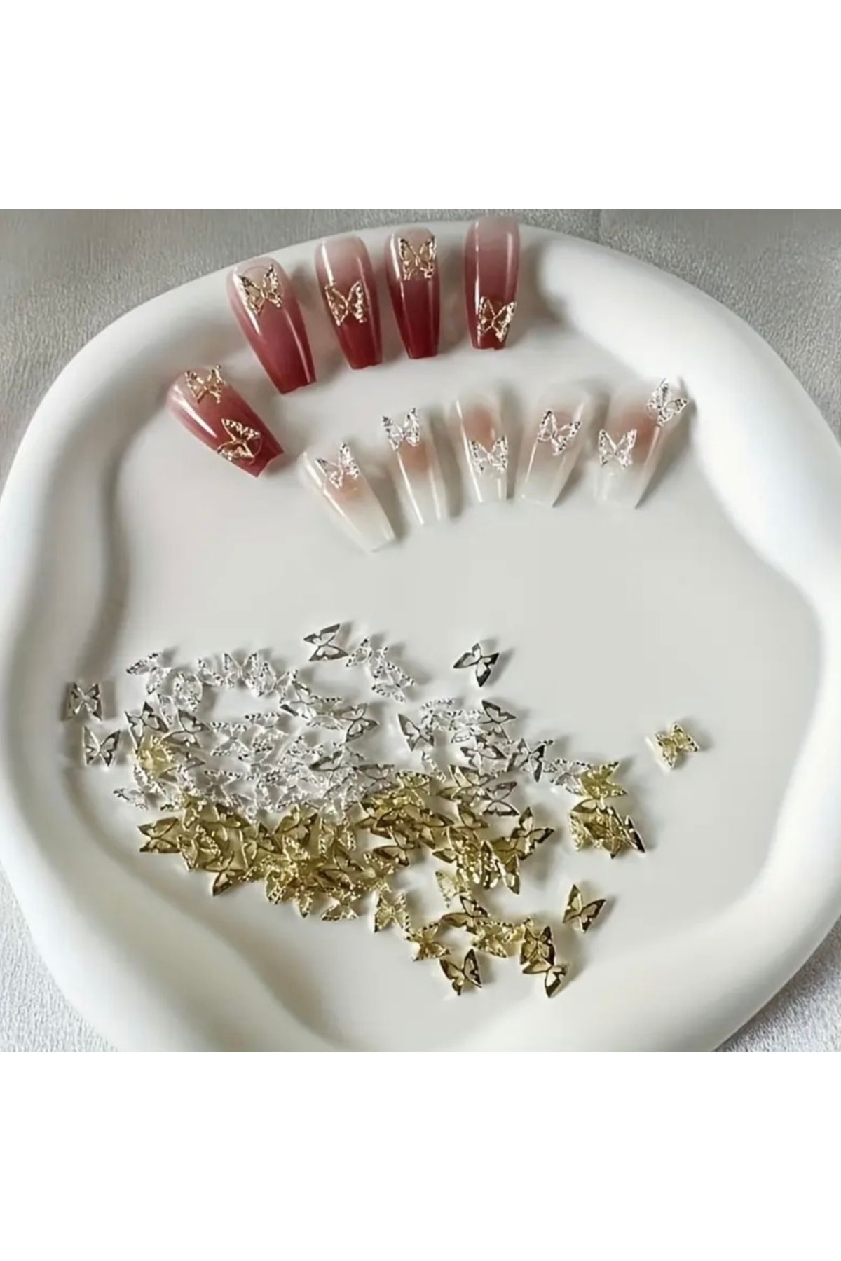 AEÇTASARIM 10 Adet Gümüş-Gold Kelebek 3D Tırnak Süsü, Nail Art Süsü