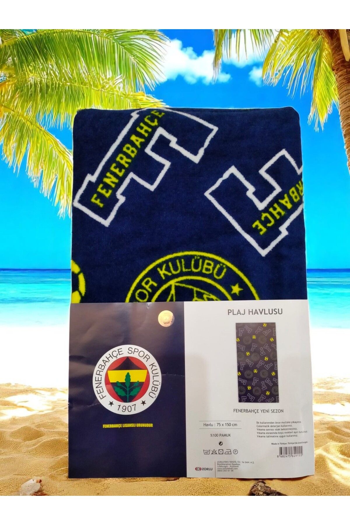 Fenerbahçe Lisanslı Bandrollü Plaj Havlusu – %100 Pamuk, 75×150 cm Taraftar Keyfi
