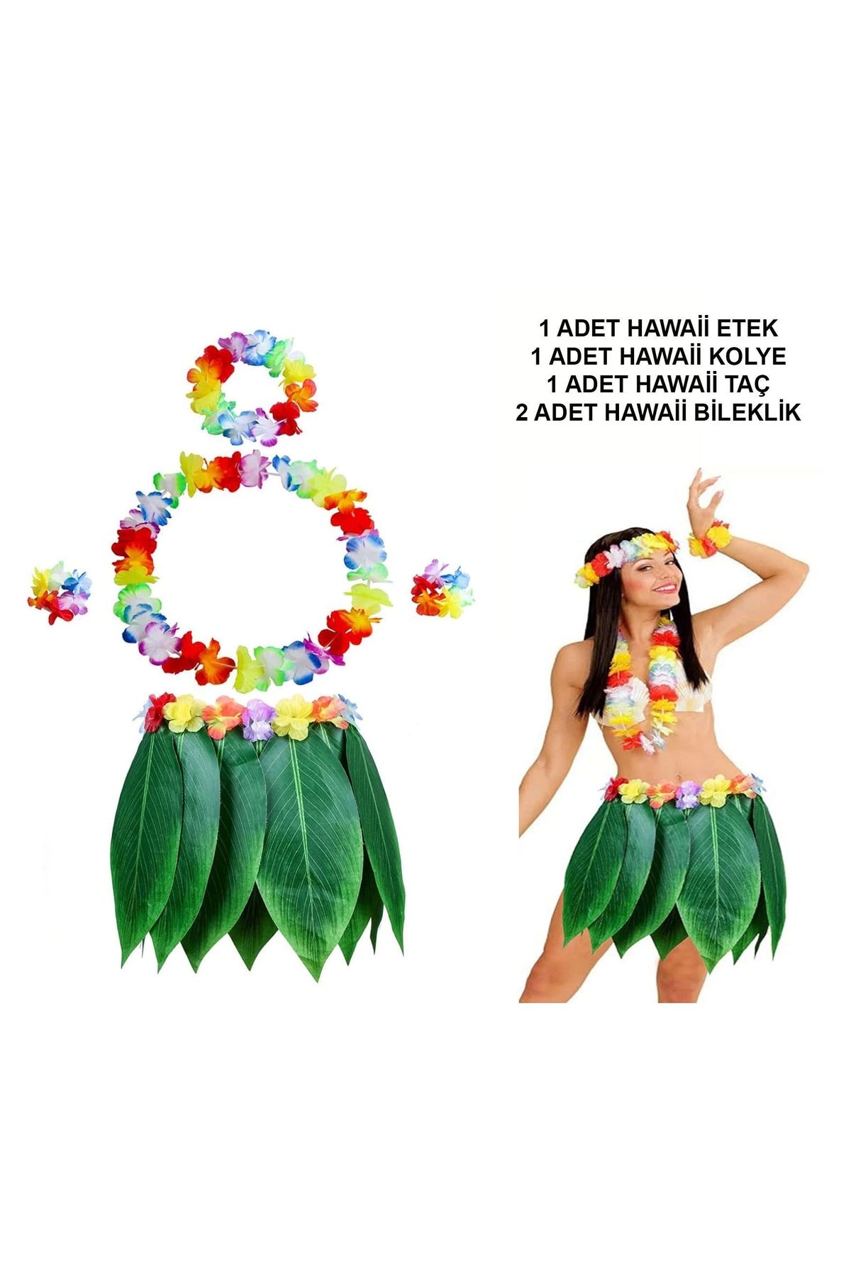 minaydan Yetişkin Hawaii Kostüm Seti - Yaprak Etek Hawaii Set - 5 Parça