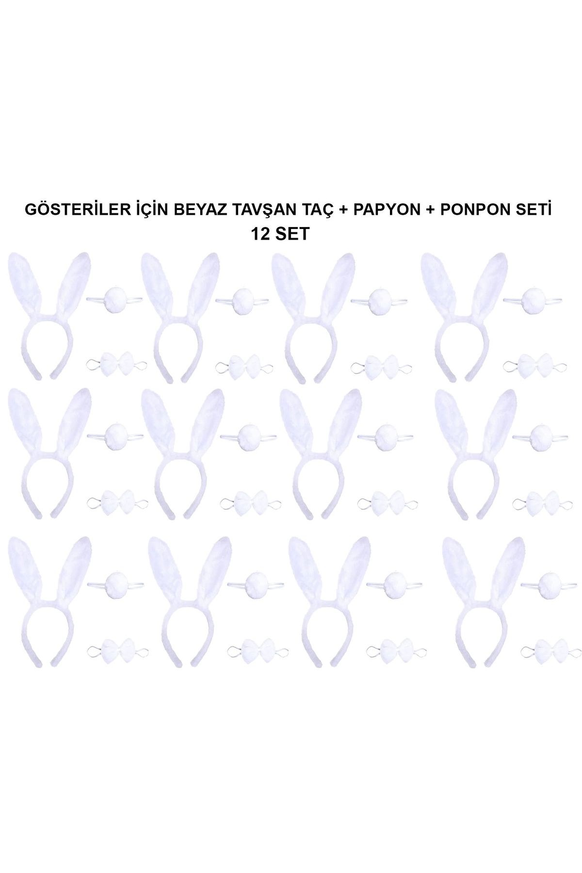 minaydan Beyaz Tavşan Kostüm Seti – Taç, Papyon, Kuyruk (12’li Paket)