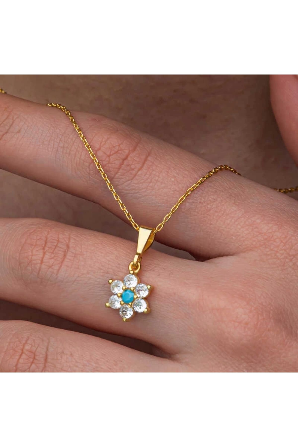 minaydan Gümüş Mavi Taşlı Gold Çiçek Kadın Kolye