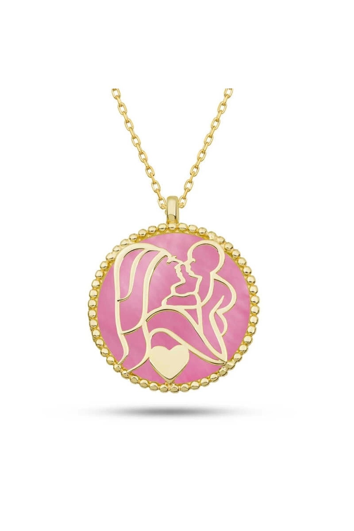 Gumush MuI MuI Gümüş Gold Pembe Taşlı Anne Çocuk Sevgisi Kolye