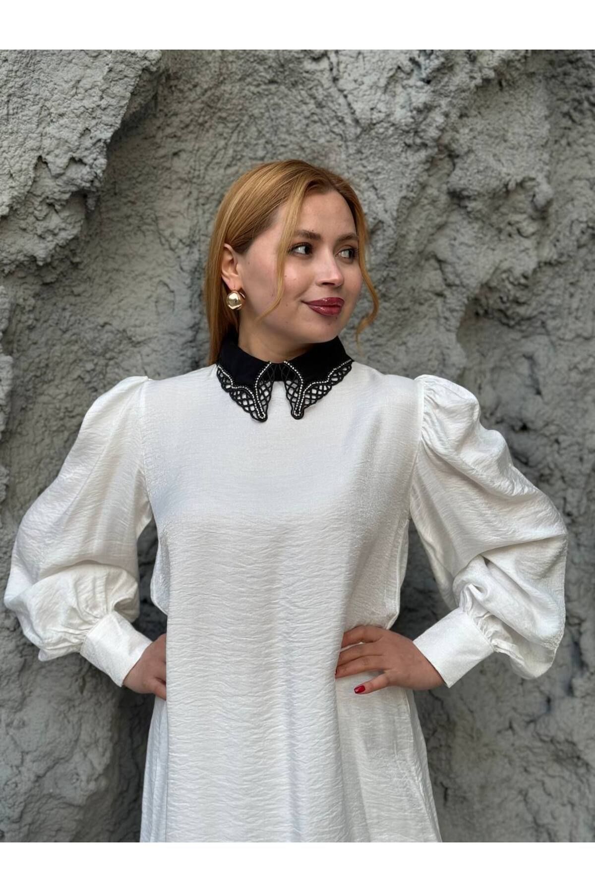 Castivo Fashion Dantel Yaka Balon Kol Kırışık Saten Dokulu Tunik