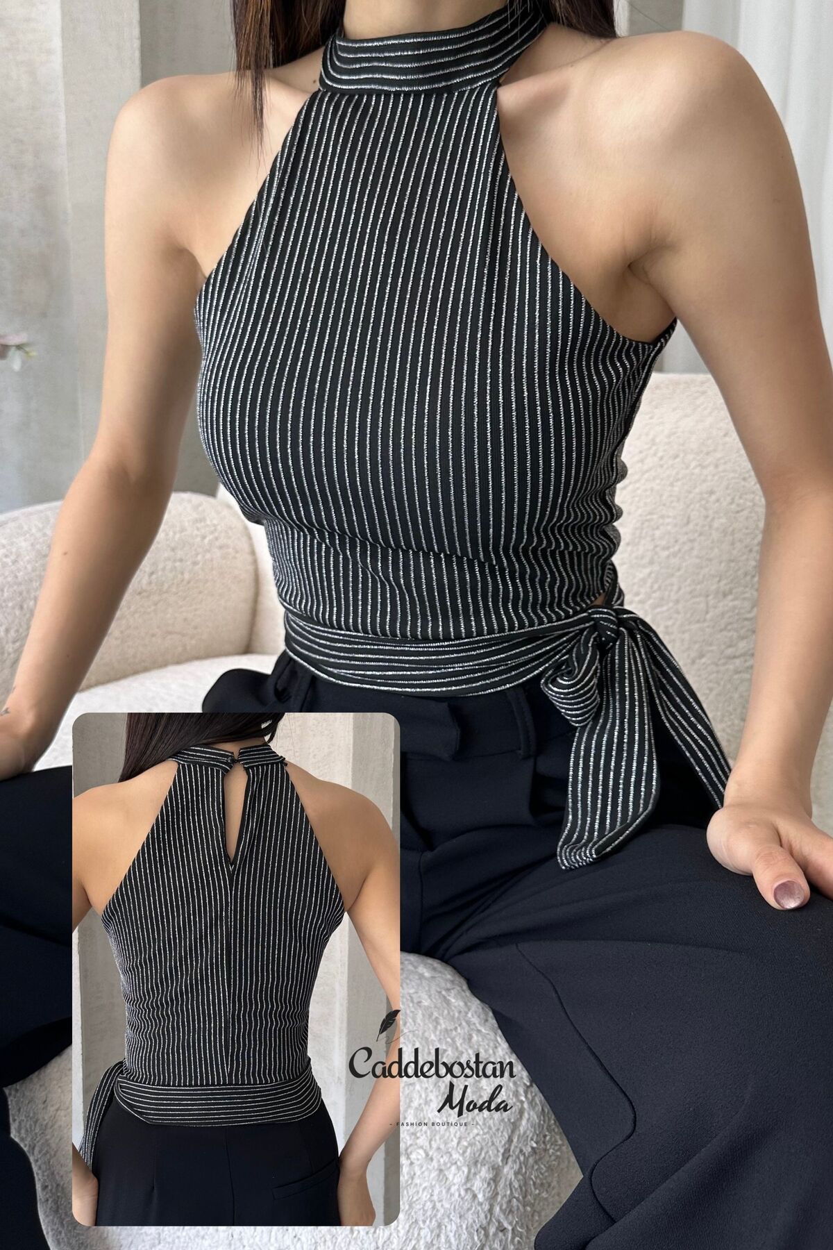 Caddebostan Moda Çizgili Kumaşlı Beli Kuşaklı Halter Yaka Detaylı Likralı Kadın Bluz