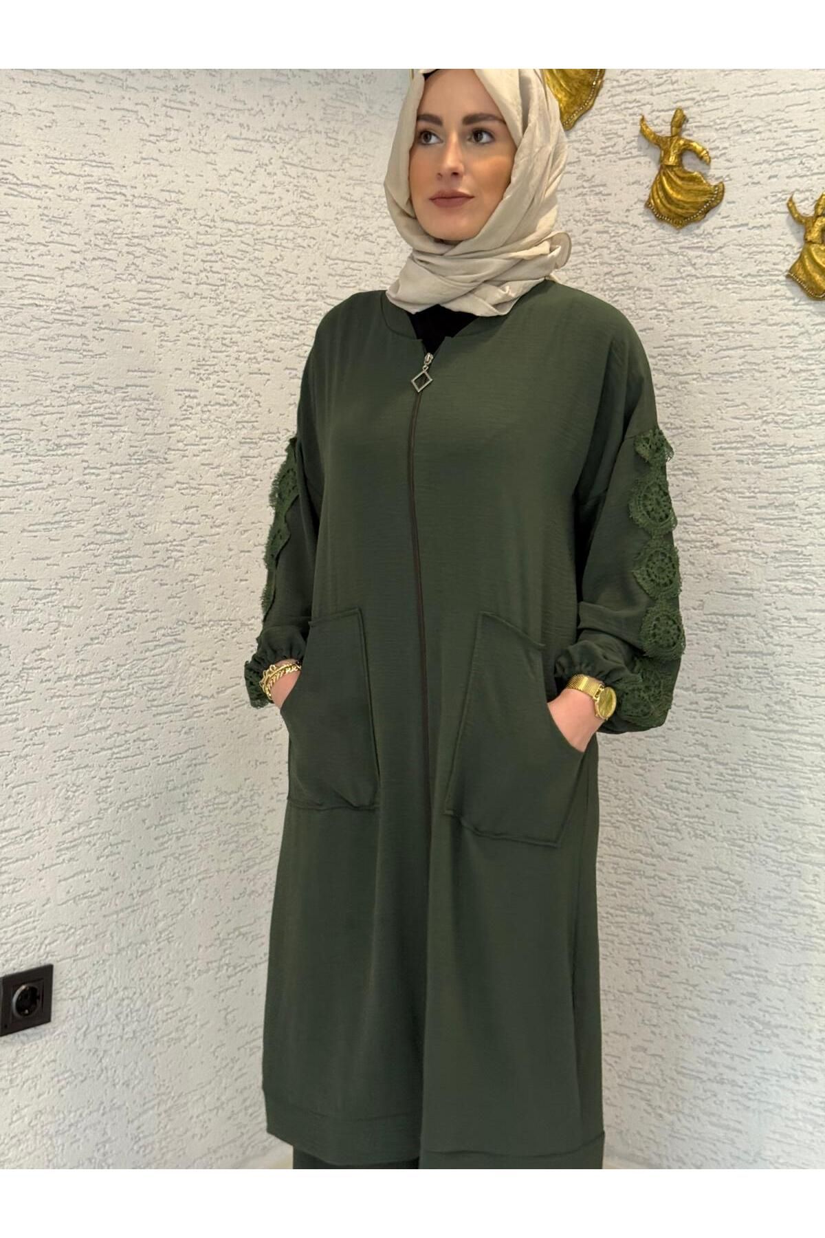 AYSUN AYDEMİR DANTEL DETAYLI FERMUARLI YAZLIK TESETTUR EŞOFMAN TAKIM