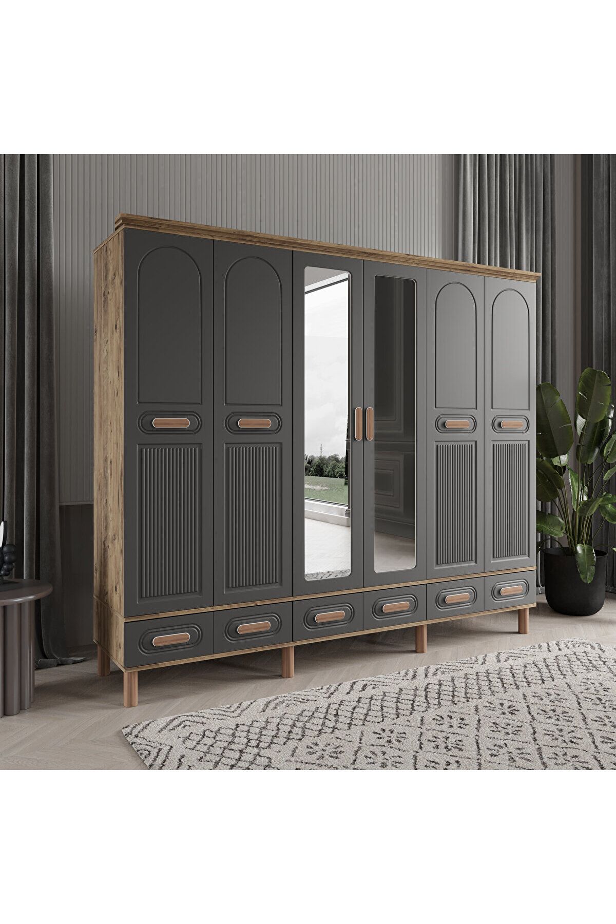 DRNHOME PERA 6 KAPAKLI ANTRASİT GARDIROP TAMAMI MDF