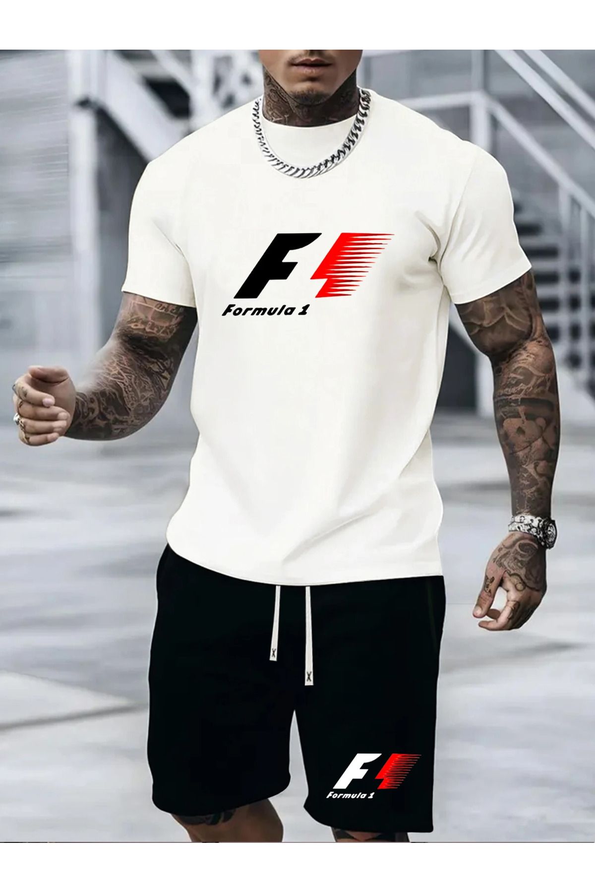 aynewmoda - Yuvarlak yakalı tişört ve şort takımı, örme kumaş, Formula 1 yarış arabası baskısı