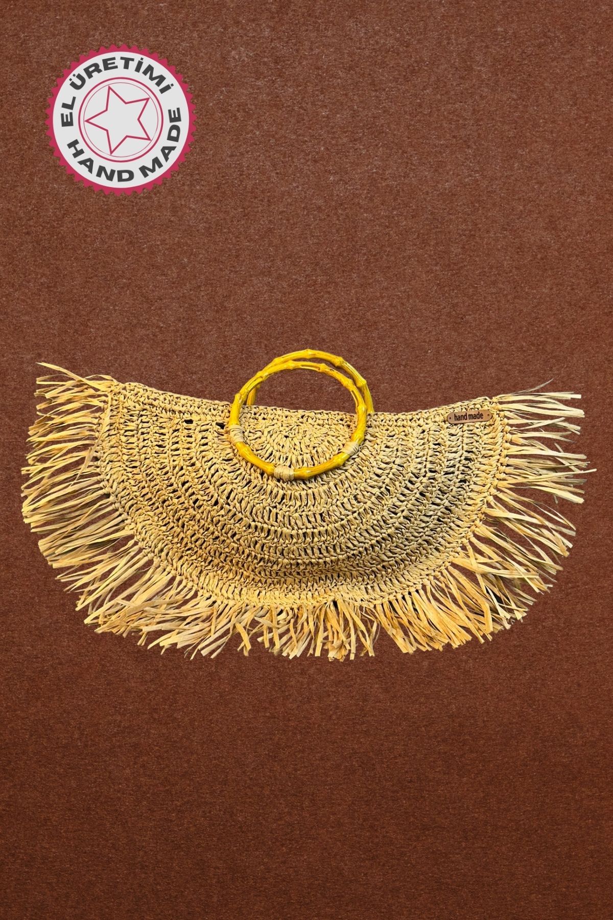 Uretti - Ayşe 4723 7638 El Örgüsü Rafya Ip Ahşap Saplı Ve Püsküllü Kahverengi Clutch El Çantası