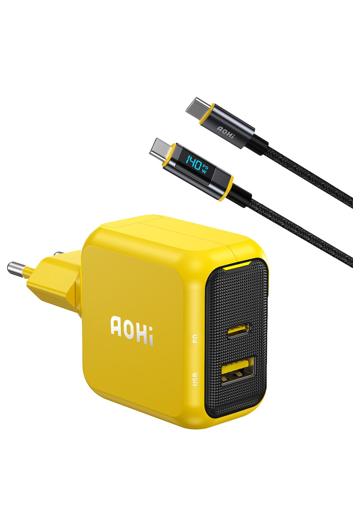 Aohi Magcube 67W 2 Portlu Şarj Adaptörü, 140W LED Ekranlı Naylon Örgülü Süper Hızlı Şarj Seti