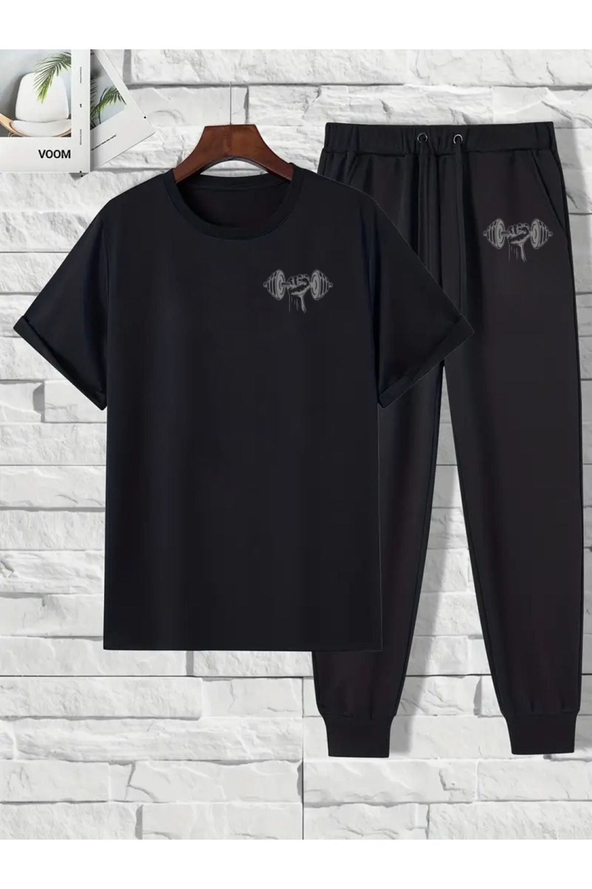 aynewmoda Halterci Baskılı 2 Parça Tişört ve Uzun Pantolon Takımı