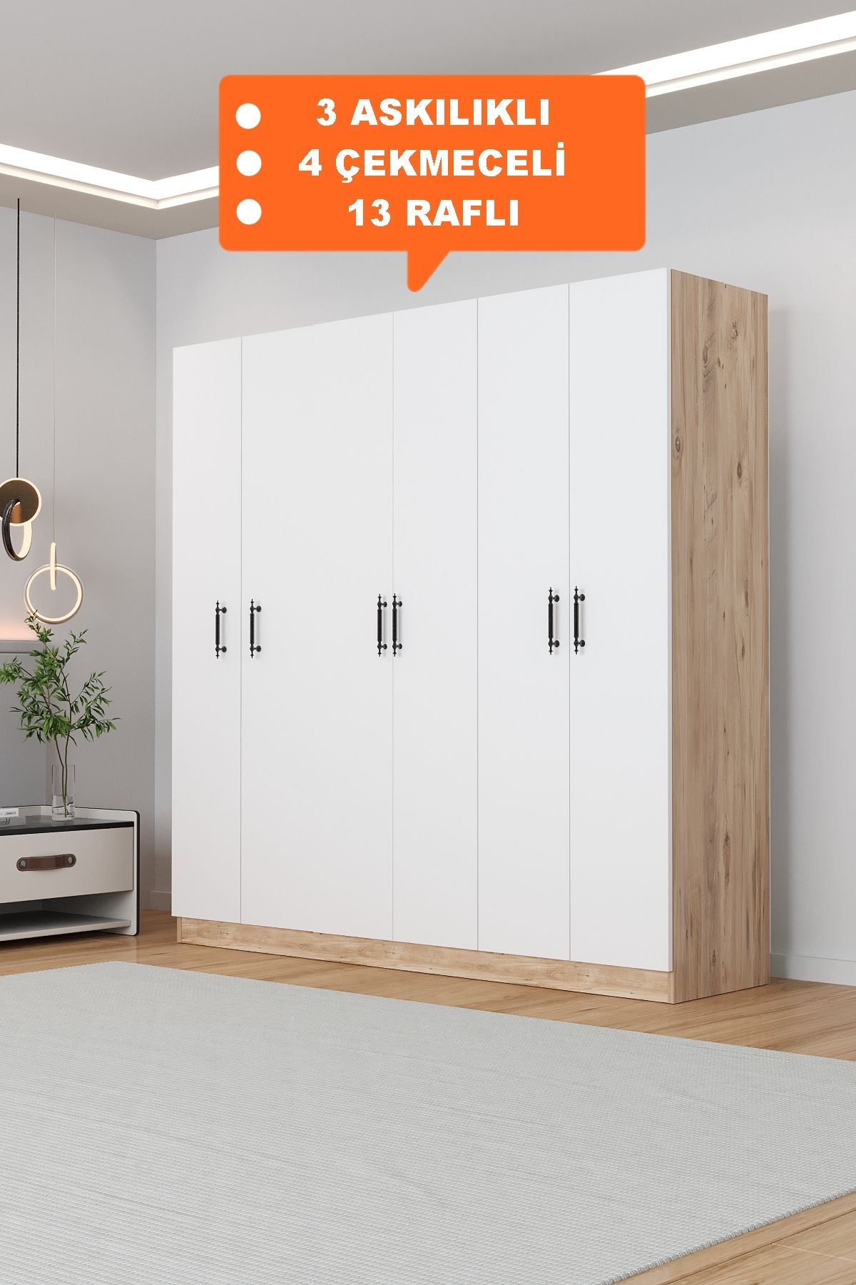 AEKA AE-2115 KALE SONOMO/BEYAZ GARDIROP 6 KAPAKLI, 4 ÇEKMECELİ, 3 ASKILIKLI, 13 RAFLI DOLAP