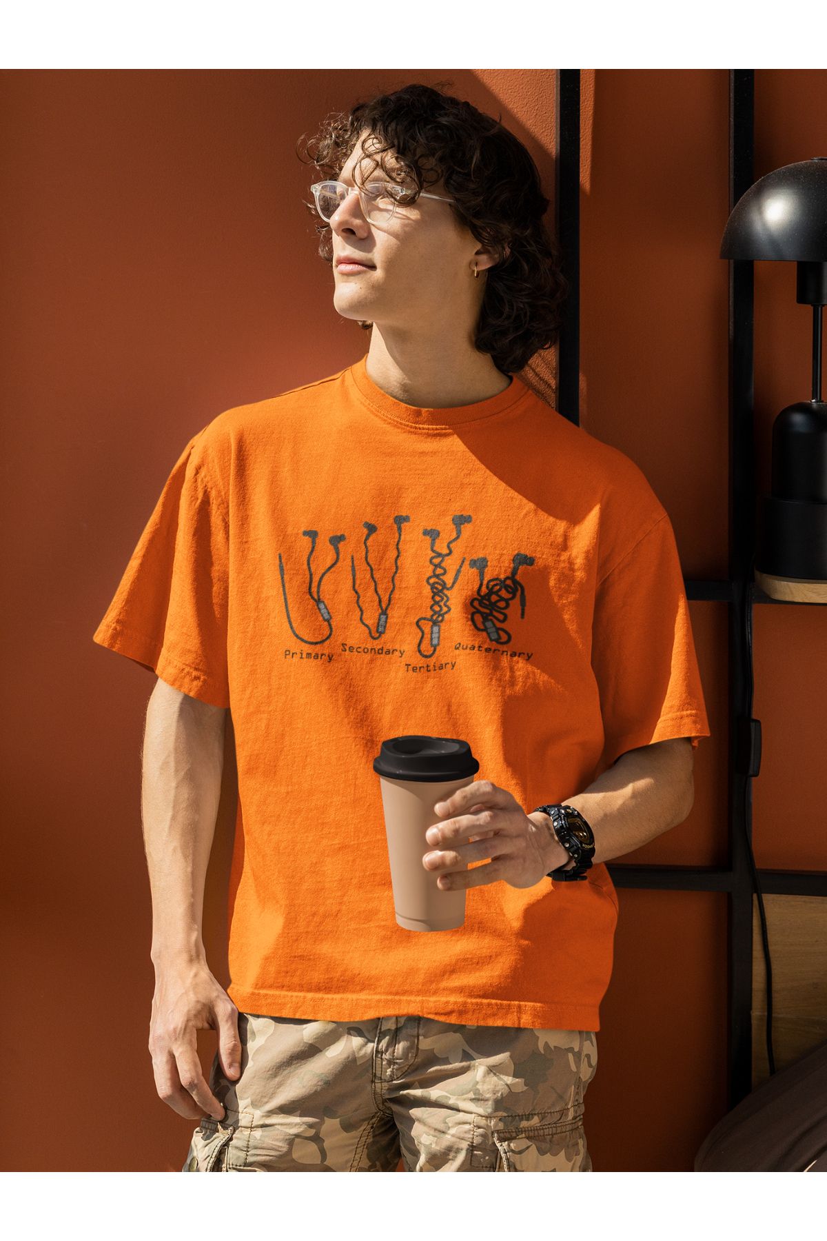 Uniquetex NUBENSE / Neku - Oversize Unisex Baskılı Turuncu Bisiklet Yaka T-shirt (Tişört - Scientific Design)