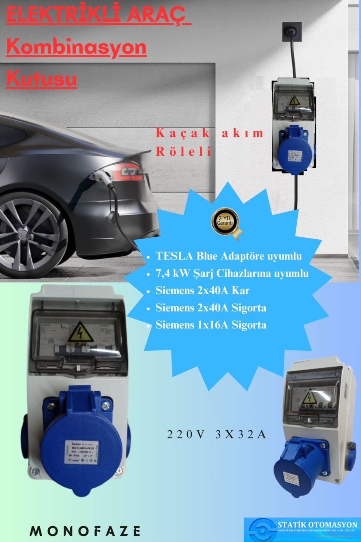 ST -ŞARJ-M Monofaze Elektrikli Araç Kombinasyon Kutusu; Tesla Adaptöre Uyumlu