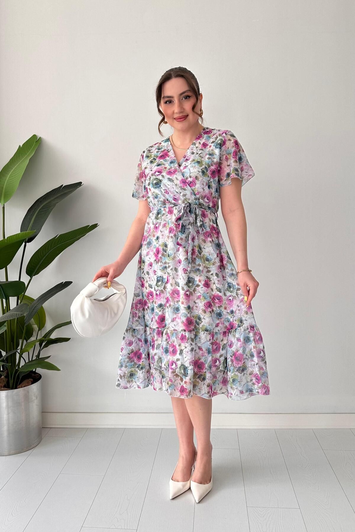 MaziButik Gül Şifon Elbise Pembe