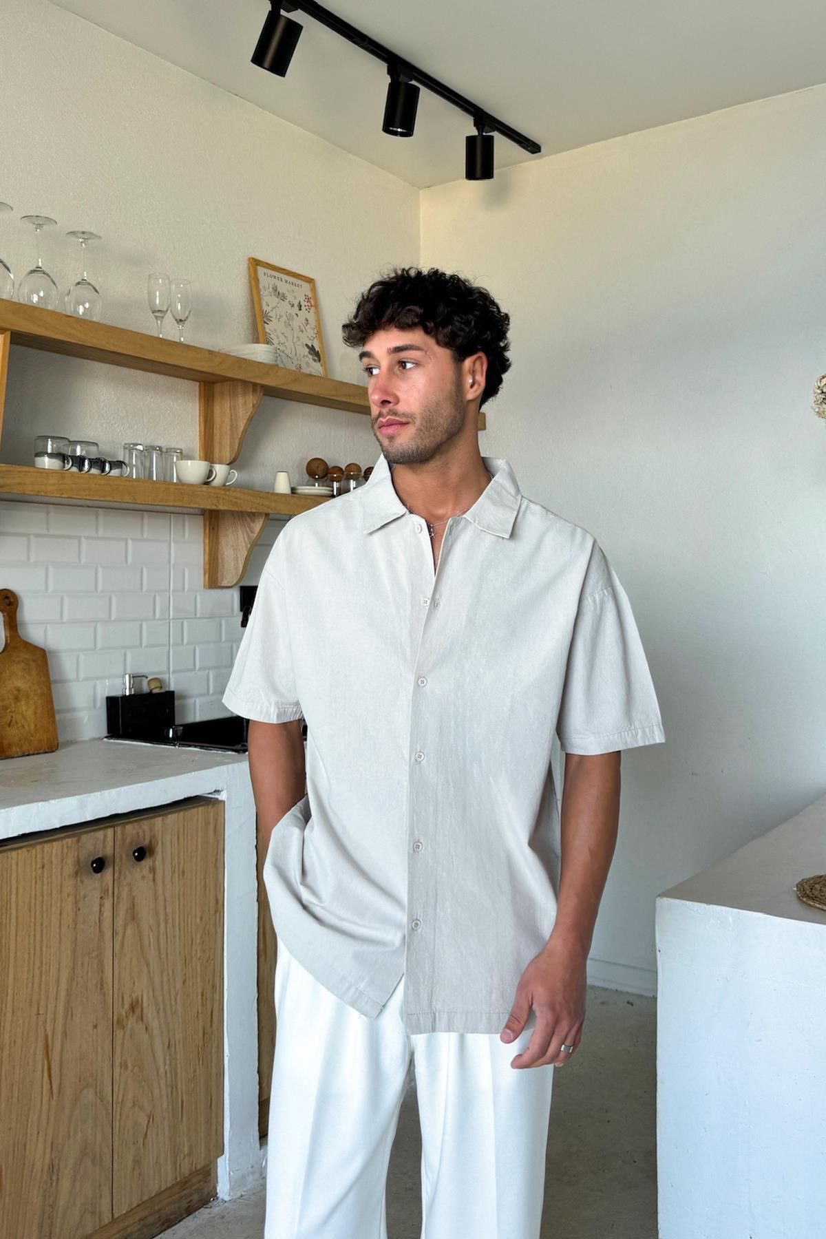 Flaw Wear Taş Rengi Keten Oversize Kısa Kol Gömlek