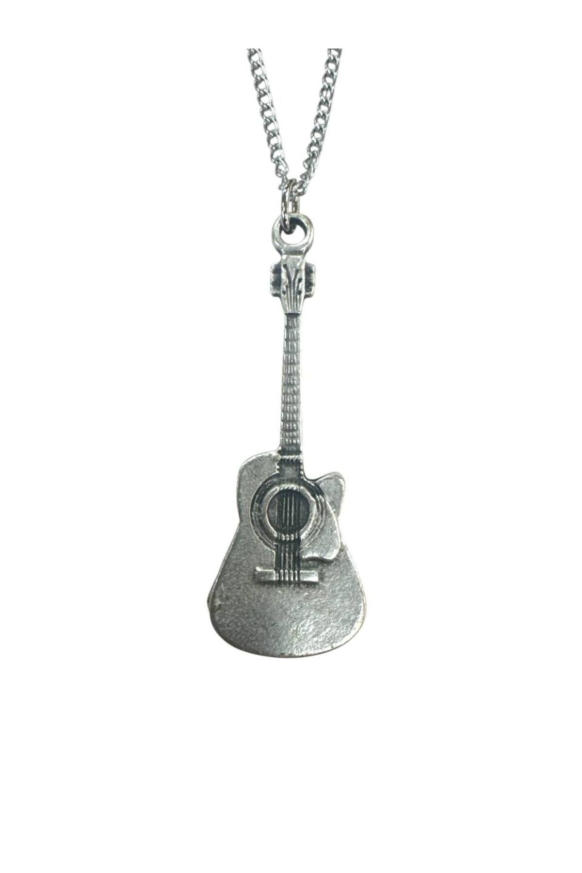Herşey Nota Metal Akustik Gitar Tasarımlı Müzik Temalı Kolye – Unisex - 60 cm Zincir